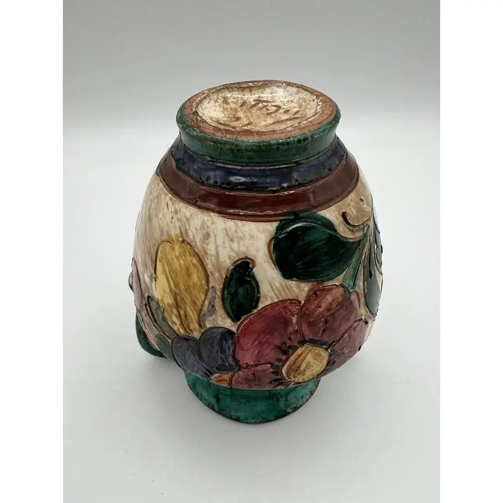 Italian Art Pottery Hand Painted Double Handle Vase 5” Flowers & Boat Signed